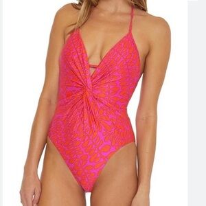 Trina Turk Trellis Twist Plunge Vibrant Pink and Orange Swimsuit | 14